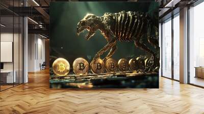 Golden skeleton monster guarding Bitcoin cryptocurrency, combining the imagery of treasure protection with the modern concept of digital wealth. Wall mural