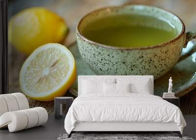 Green tea served with a slice of lemon on a rustic wooden table. Wall mural