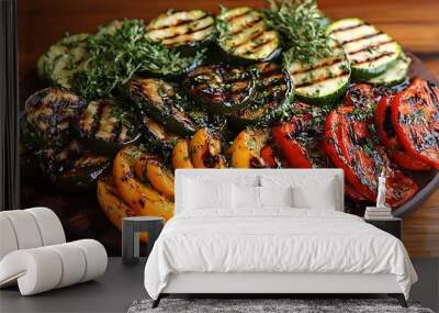 Grilled vegetables on wooden board, featuring bell peppers, zucchini, and thyme for a healthy and colorful side dish. Wall mural