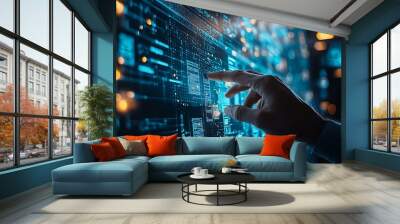 Hand interacts with digital interface for business technology concept Wall mural