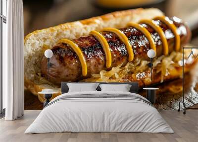 Juicy sausages paired with sauerkraut and mustard come together in a bun, offering a hearty meal. Wall mural