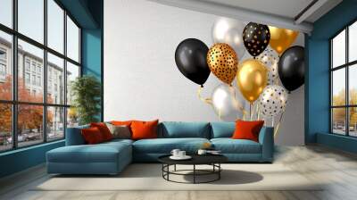 Realistic Balloon Set in Gold, Silver, and Black Colors Wall mural