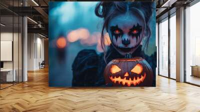 Spooky Halloween girl with a carved pumpkin, capturing the excitement and tradition of Halloween in a playful and eerie setting. Wall mural