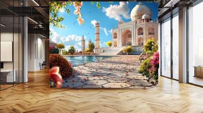 Taj Mahal, India, floral garden, stone path, water reflection, sunny day, capturing the serene beauty and architectural grandeur of one of the world's most iconic landmarks. Wall mural