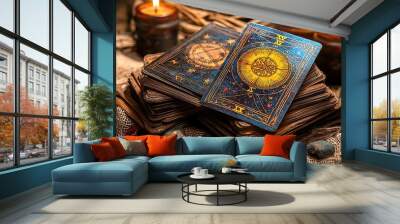 Tarot cards and candles set the stage for a mystical reading, where the esoteric meets the spiritual. Wall mural