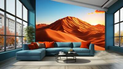 The desert dunes stretch out under a sunset sky, their sand waves glowing in the fading light. Wall mural