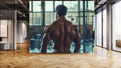 The muscular back of a man glistens with sweat in a fitness studio, showcasing the intensity and effort of his workout. Wall mural