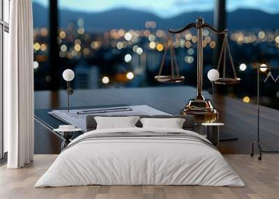 The scales of justice sit prominently on a lawyer�s desk, framed by a city skyline view. Wall mural