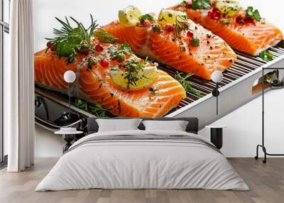 Top view of salmon fillet with fresh herbs on a metal bar grill, isolated white background. The bar grill is made of stainless steel, with a clear texture and the food looks delicious. Wall mural