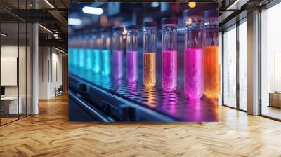 Vivid liquids move along in test tubes on a conveyor belt, capturing the dynamic flow of laboratory work. Wall mural