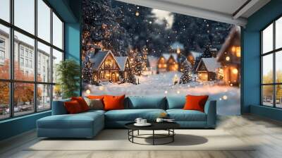 Winter wonderland village with snowfall and lights, creating a magical and inviting scene that evokes the joy and charm of the holiday season. Wall mural