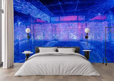  room with blue and pink neon light reflections on mirrored surfaces and a complex patterned floor. Wall mural