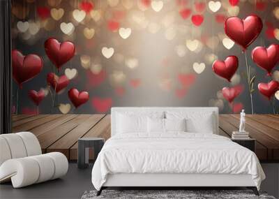 Valentines day background with heart shaped balloons and empty wooden table Wall mural