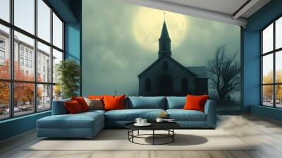 A Church in a Graveyard Under a Full Moon Wall mural