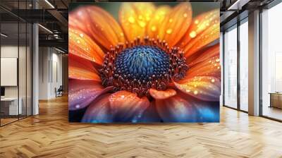 A Close-Up of a Vibrant Flower with Dew Drops Wall mural