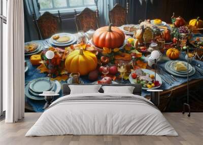 A Festive Autumn Table Setting with Pumpkins, Food, and Silverware Wall mural