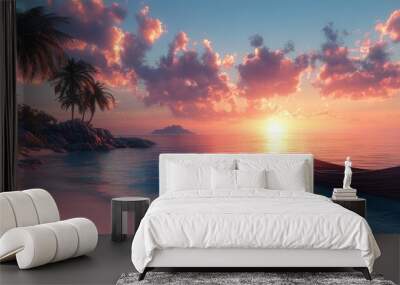 A lone boat resting in calm waters during sunset with palm trees and pink clouds Wall mural