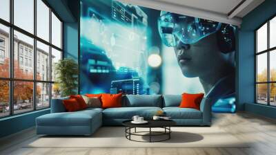 A Person Wearing a Futuristic Helmet and Goggles Uses a Digital Interface Wall mural