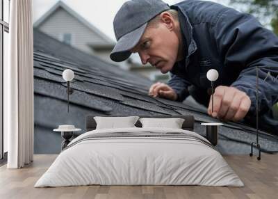 A roofer inspecting a shingle roof for damage Wall mural