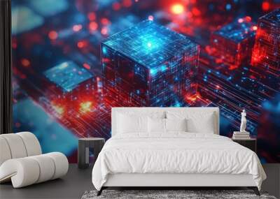 Abstract Digital Cubes with Blue and Red Circuitry Wall mural