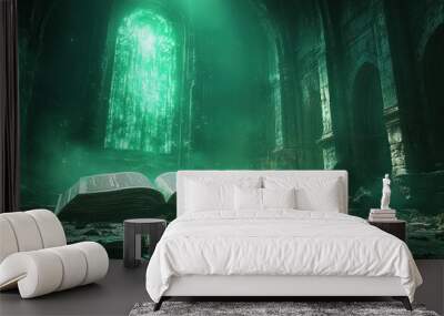 An Open Book in a Dark and Ancient Church with a Glowing Green Window Wall mural