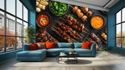 Assorted Grilled Skewers with Sauces and Garnish Wall mural