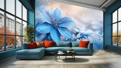 Blue Flower with Dew Drops in a Field of Flowers Wall mural