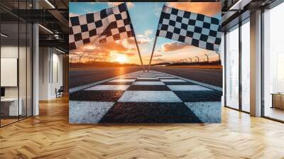 Checkered Finish Line Flags at Sunset on a Race Track Wall mural