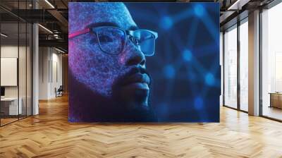 Close-up of a Man's Face with a Digital Network Overlay in Pink and Blue Lighting Wall mural