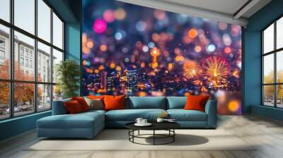 Fireworks Display over a Blurred Cityscape at Night Wall mural