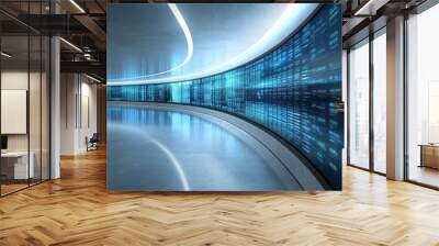 Futuristic Hallway with Curved Digital Display Wall Wall mural