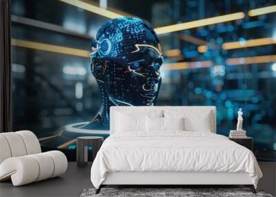 Futuristic Robot Head with Glowing Blue Lights Wall mural