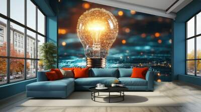 Glowing Lightbulb on a Circuit Board with Abstract Background Wall mural