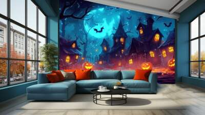 Haunted Village with Jack-o'-Lanterns Under a Full Moon Wall mural