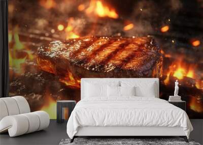 Juicy Grilled Steak Over Flaming Charcoal Wall mural