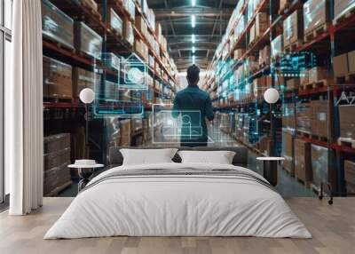 Man Walking Through a Warehouse with Digital Overlays Wall mural