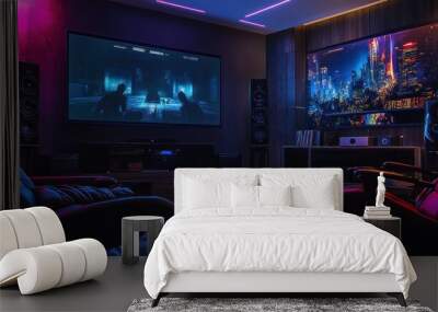 Modern Gaming Room with Reclining Chairs and Neon Lights Wall mural