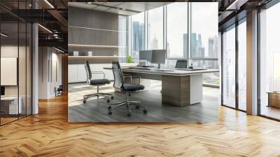 Modern Office with Cityscape View and Two Desks Wall mural