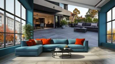 Outdoor terrace area with grey floor tile with sitting area Wall mural