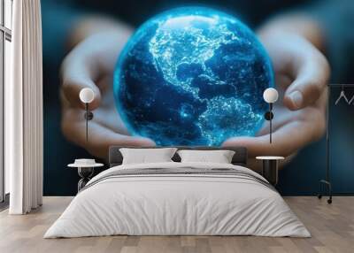 Person Holding a Glowing Earth Globe with City Lights Wall mural