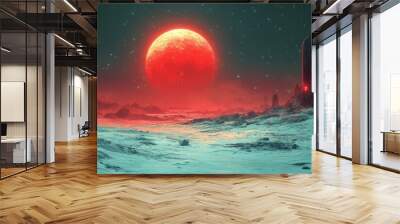 Red Giant Rising Over an Alien Landscape with Tall Stone Towers Wall mural