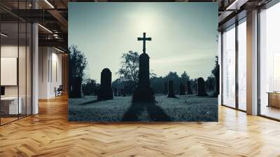 Silhouetted Cross Grave Marker in a Cemetery Wall mural