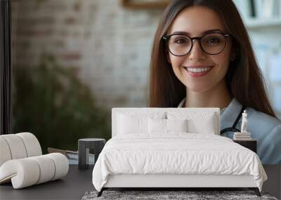 Smiling Female Doctor Holding Clipboard in Office Wall mural