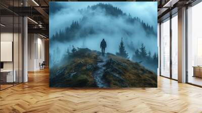 Solitary Figure Walking on a Mountain Path Through Dense Fog Wall mural