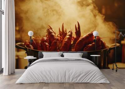 Steaming Pot of Red Lobster Tails Wall mural