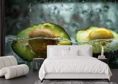 Two Halves of an Avocado Submerged in Water with Bubbles Wall mural