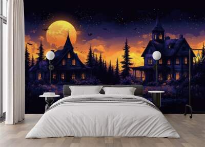 Two Haunted Houses Under a Full Moon in a Forest Wall mural