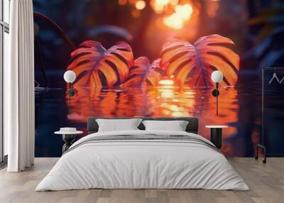 Two Monstera Leaves Floating in a Still Pond at Sunset Wall mural