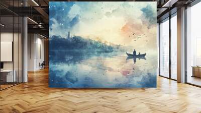 Watercolor painting of a couple rowing a boat on a lake with a town in the background Wall mural