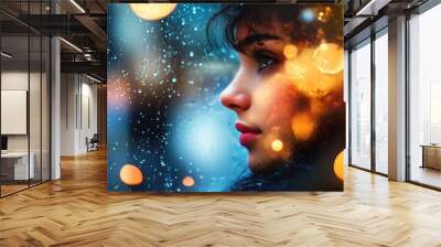 Woman Looking Out Window With Raindrops and City Lights Wall mural